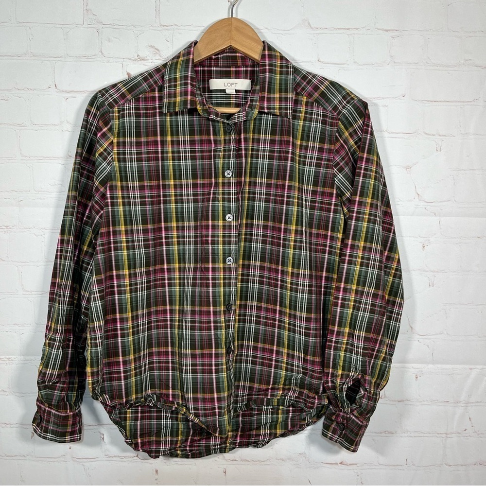 LOFT Plaid Button Up Shirt Womens Size XS Large Green Pink Collared Long Sleeve